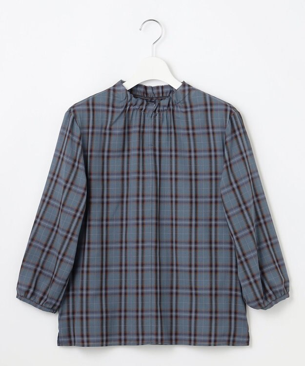 J.PRESS LADIES L プロビスストライプチェック フリルネック カットソー ブルーチェック系