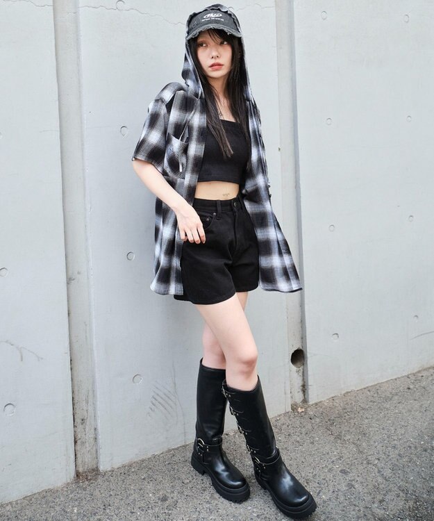 WEGO フードチェックBIGシャツ（S） ブラック