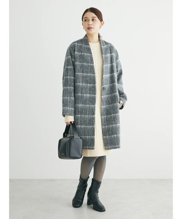 Green Parks コクーンシルエットチェックシャギーコート Black