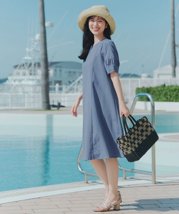 Tiaclasse 【選べる着丈・新色追加】ギャザーランタンスリーブワンピース 膝丈ブルー