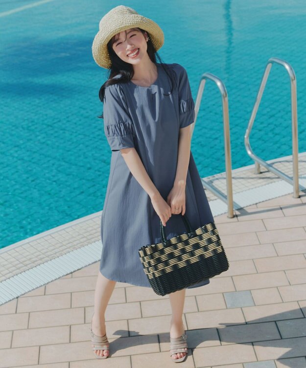 Tiaclasse 【選べる着丈・新色追加】ギャザーランタンスリーブワンピース 膝丈ブルー