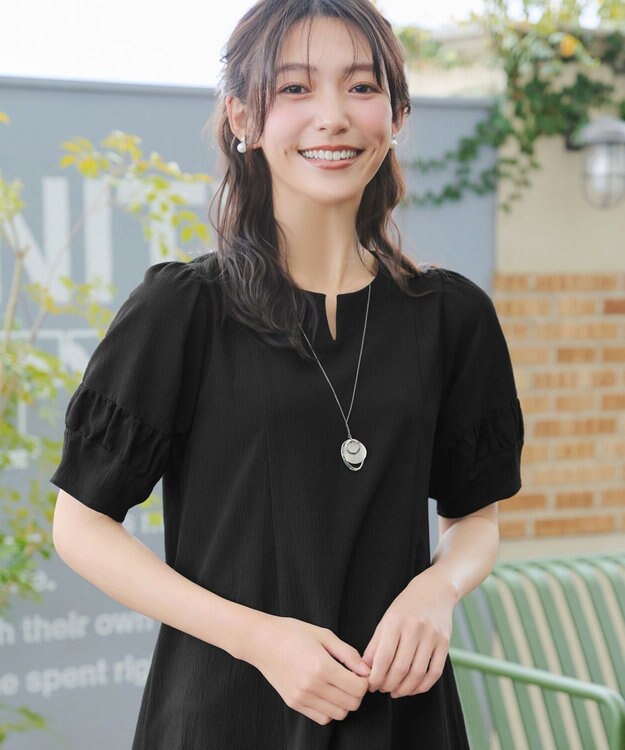 Tiaclasse 【選べる着丈・新色追加】ギャザーランタンスリーブワンピース ミモレ丈ブラック