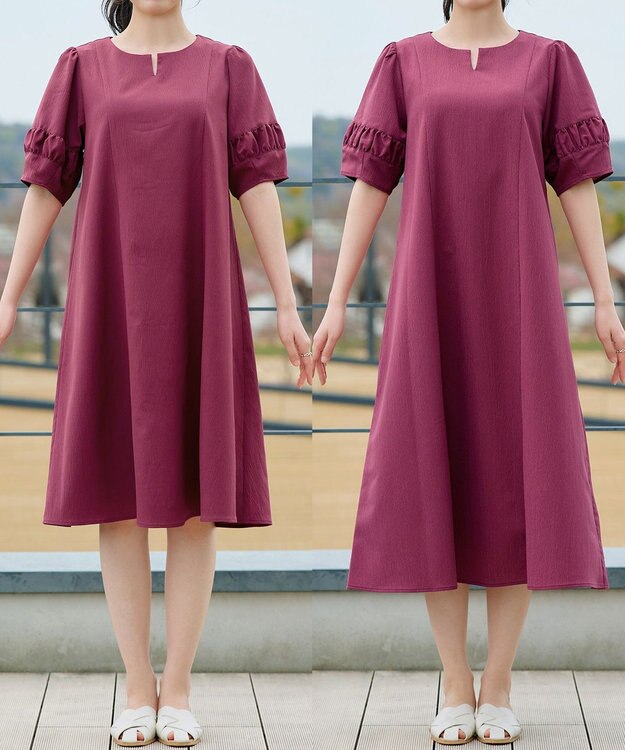 Tiaclasse 【選べる着丈・新色追加】ギャザーランタンスリーブワンピース 膝丈プラム