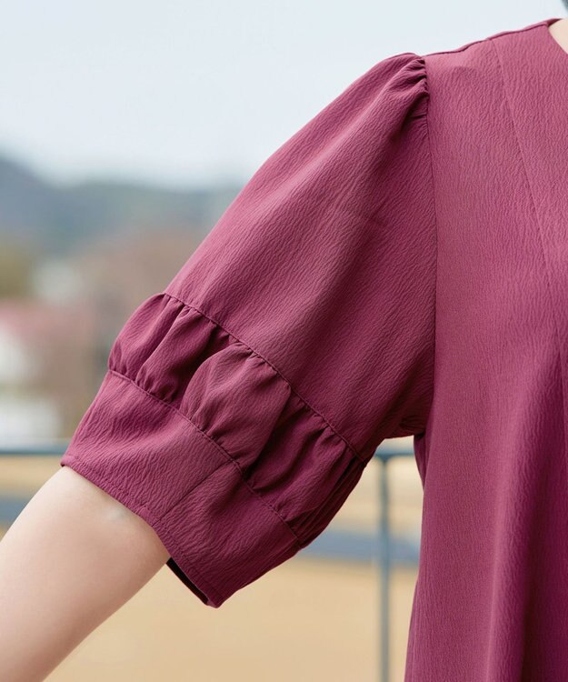 Tiaclasse 【選べる着丈・新色追加】ギャザーランタンスリーブワンピース 膝丈プラム
