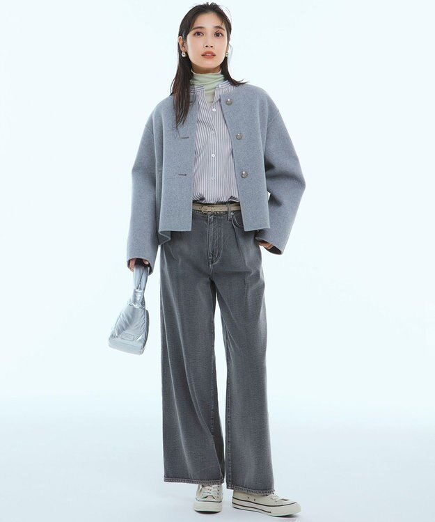 23区 L 【洗える】CANCLINI バンドカラー シャツ ダークブラウンストライプ