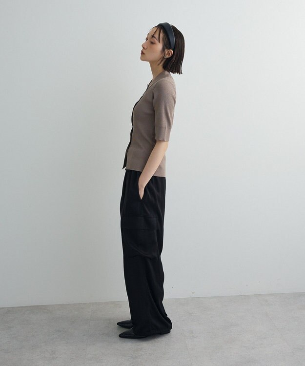 Green Parks ポロ襟5分袖リブニット Gray Beige