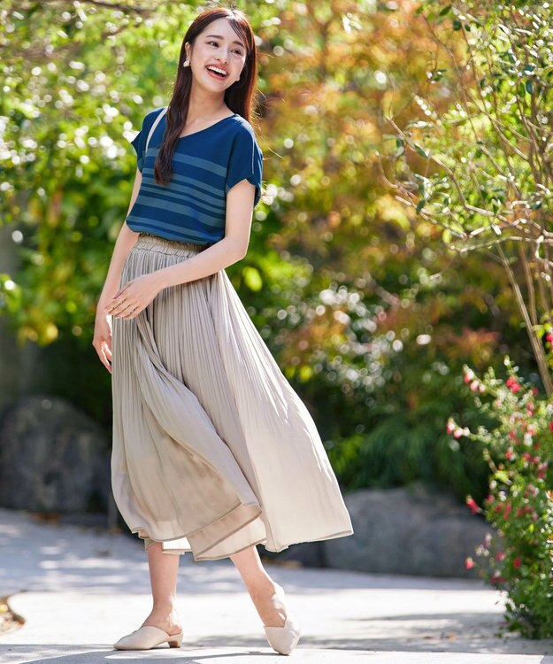 Tiaclasse L 【洗える】マルチボーダーフレンチスリーブニット ターコイズ×ブルー