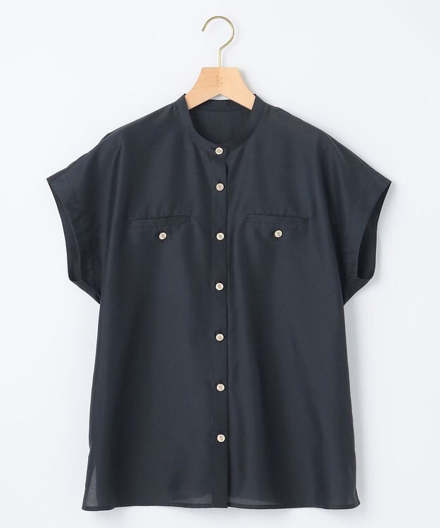 組曲 【洗える・涼感】シアーボイルバンドカラー ブラウス ネイビー系