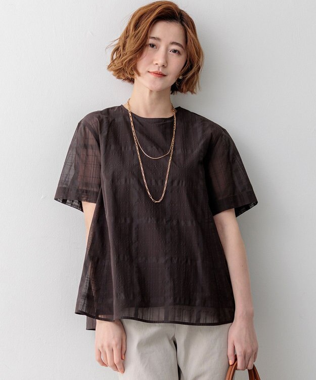 23区 【先行予約】シアーチェックレイヤード フレア Tブラウス ダークブラウン系