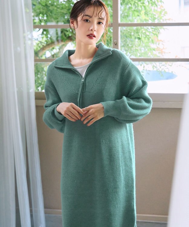 Tiaclasse 【洗える】ハーフジップリブニットワンピース グリーン