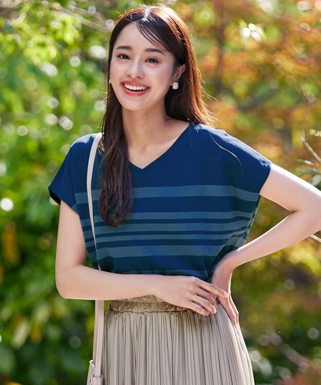 Tiaclasse L 【洗える】マルチボーダーフレンチスリーブニット ターコイズ×ブルー