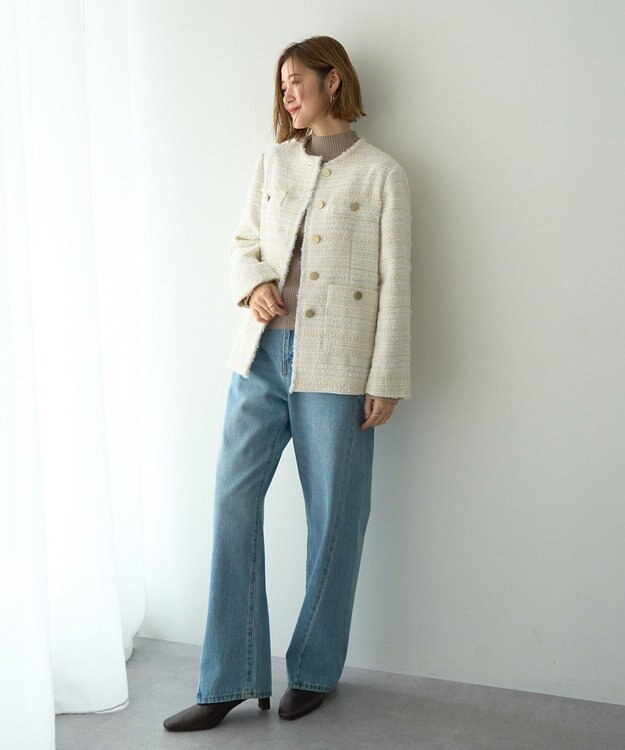 YECCA VECCA ノーカラーツイードジャケット Ivory