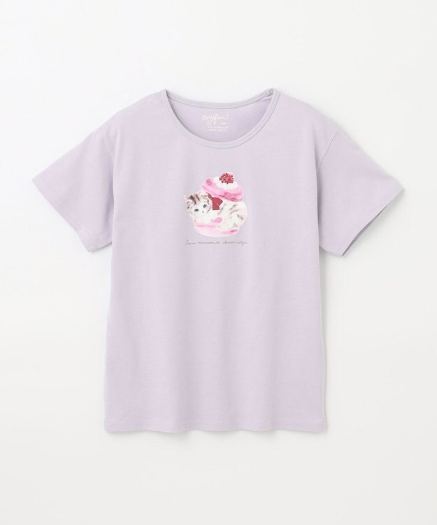 ANY KIDS 水彩風 アニマルプリント Ｔシャツ サックスブルー×ネコ