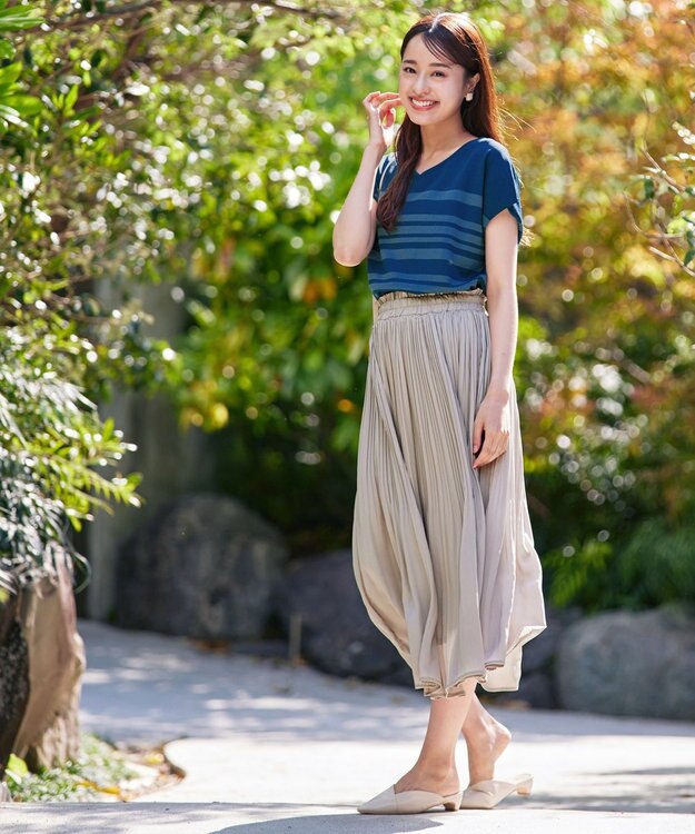 Tiaclasse L 【洗える】マルチボーダーフレンチスリーブニット ターコイズ×ブルー