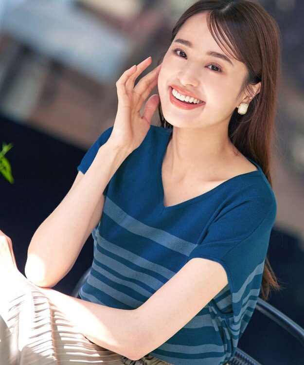 Tiaclasse L 【洗える】マルチボーダーフレンチスリーブニット ターコイズ×ブルー