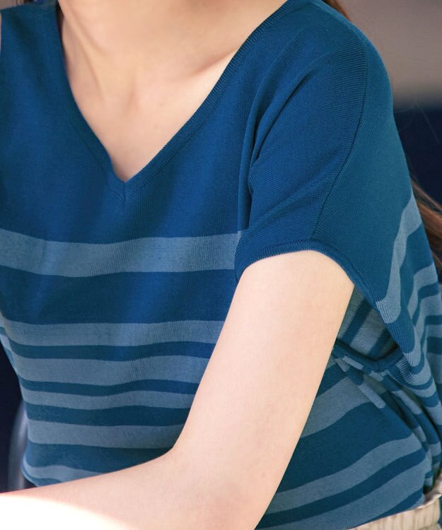 Tiaclasse L 【洗える】マルチボーダーフレンチスリーブニット ターコイズ×ブルー