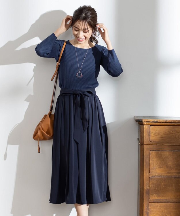 Tiaclasse L 【洗える】異素材を組み合わせたミモレ丈リブコンビワンピース ブルーグレー×ネイビー