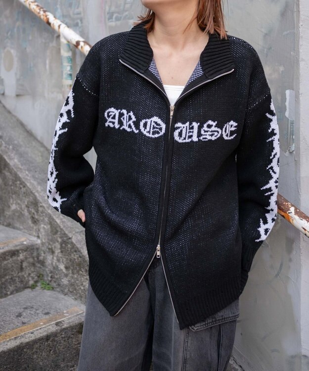 WEGO クロスダメージニットBIGブルゾン ブラック