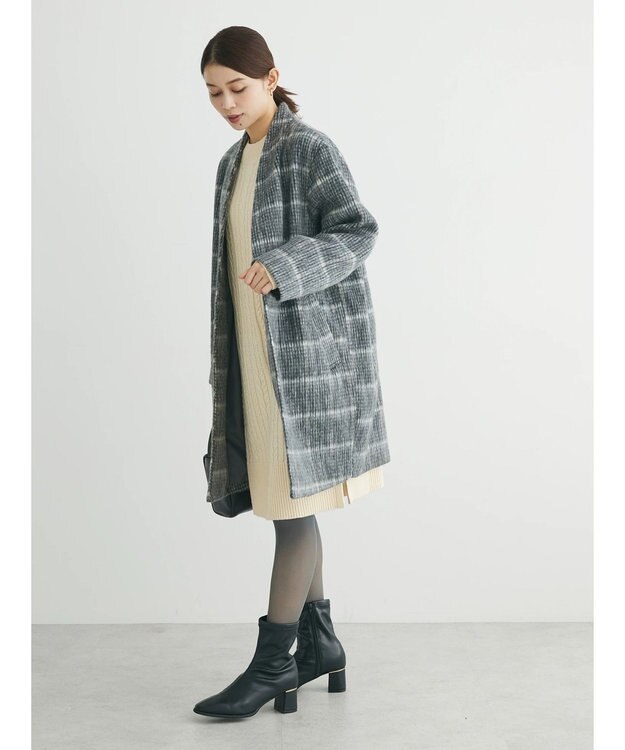 Green Parks コクーンシルエットチェックシャギーコート Black