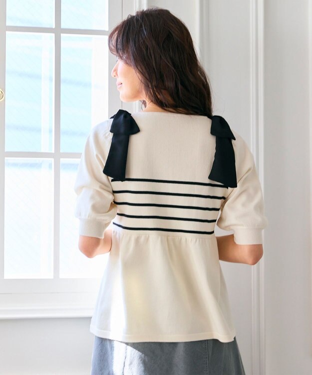 Feroux 肩リボン ペプラムニット ブラック系ボーダー