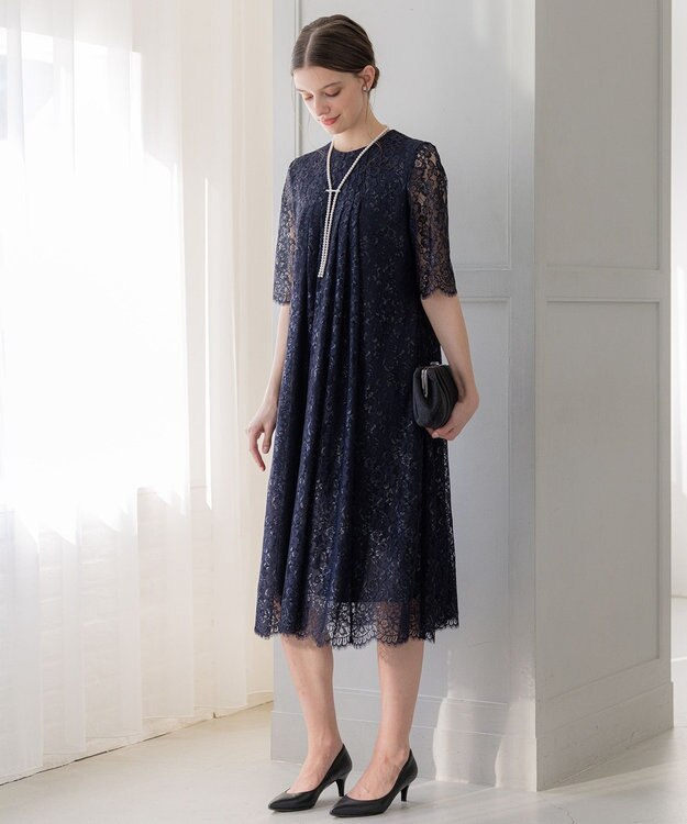 23区 【APPLAUDIR】ブライトフラワーレース ドレス ネイビー系
