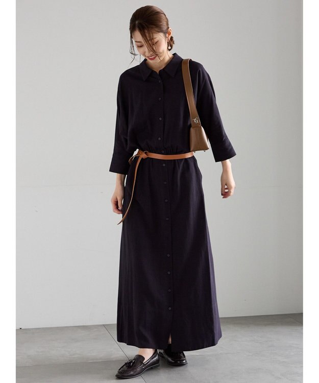 Te chichi ベルト付きレーヨンリネンシャツワンピース ネイビー