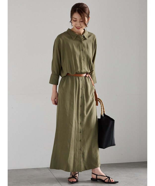 Te chichi ベルト付きレーヨンリネンシャツワンピース カーキ