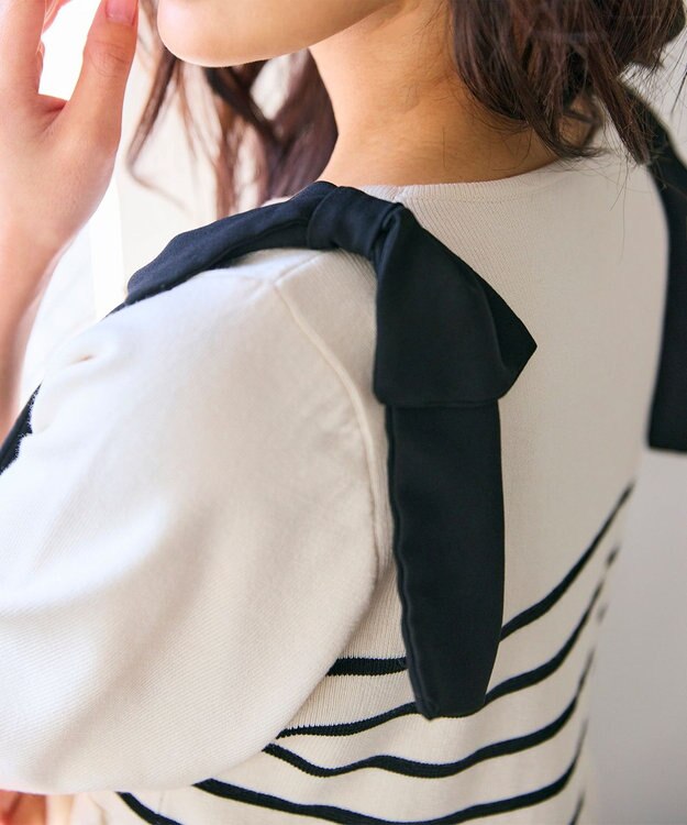 Feroux 肩リボン ペプラムニット ブラック系ボーダー