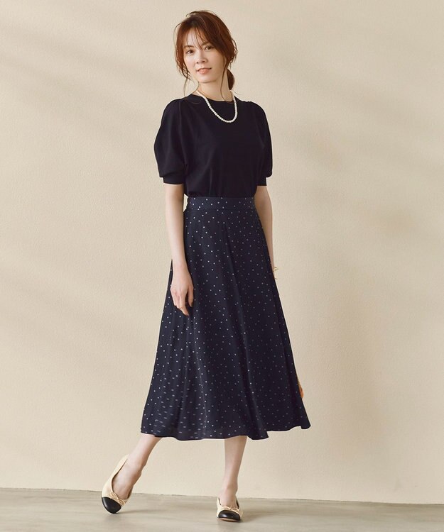 23区 ヴィスコースストレッチ パフスリーブ 半袖 ニット ネイビー