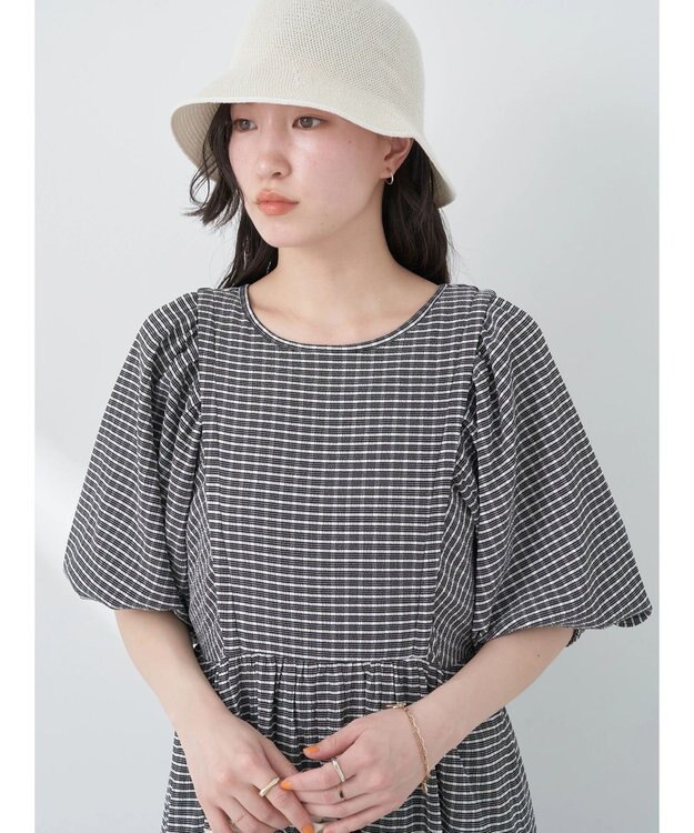 earth music&ecology ボリュームスリーブＣｈｅｃｋワンピース Black