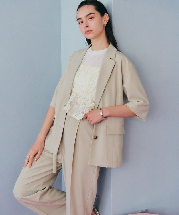 YECCA VECCA クルーネック5分袖シアートップス Off White