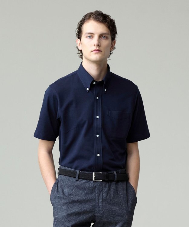 J.PRESS MEN 酷暑の清潔感もこれ一枚で【吸水速乾 / 抗菌防臭 / 防シワ】【J.PRESS OXFORD JERSEY】カノコインレイ半袖 シャツ / B.D. ネイビー系