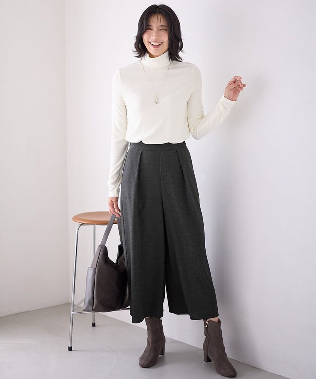 ANY 【洗濯機可/ウエストゴム】ライトツイードワイドパンツ チャコール