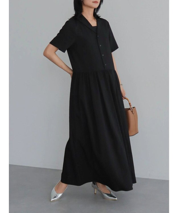 Green Parks ローウエスト切替開襟シャツワンピース Black