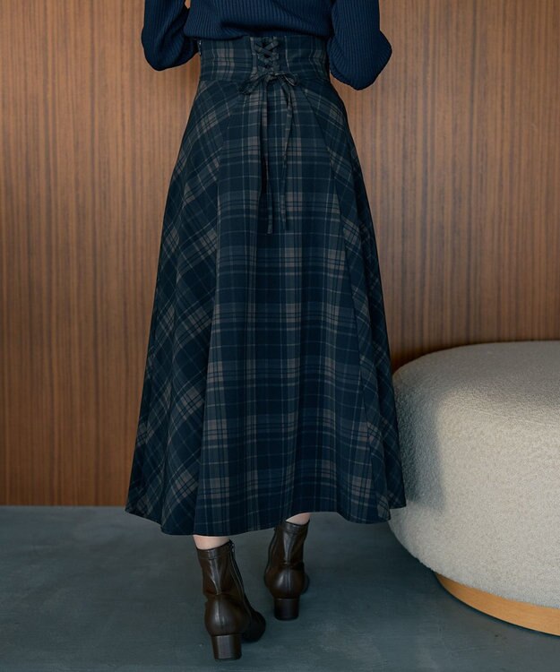 earth music&ecology バックレースアップチェックスカート Navy