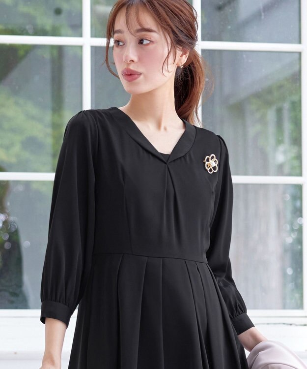 Tiaclasse 【洗える】ロールVネックワンピース ブラック