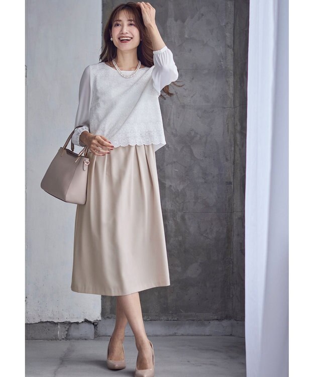 ANY SIS L 【洗える】レースコンビバックサテン ワンピース ベージュ