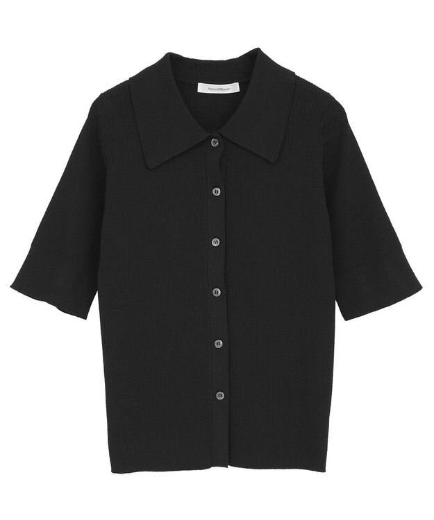 Green Parks ポロ襟5分袖リブニット Black