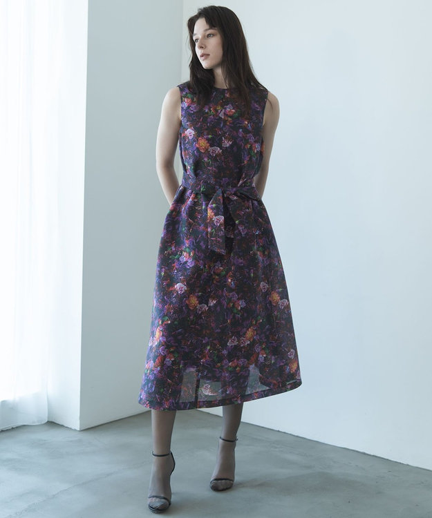 自由区 【カトリエムブーケ】フラワープリントフレアワンピース ボルドー系