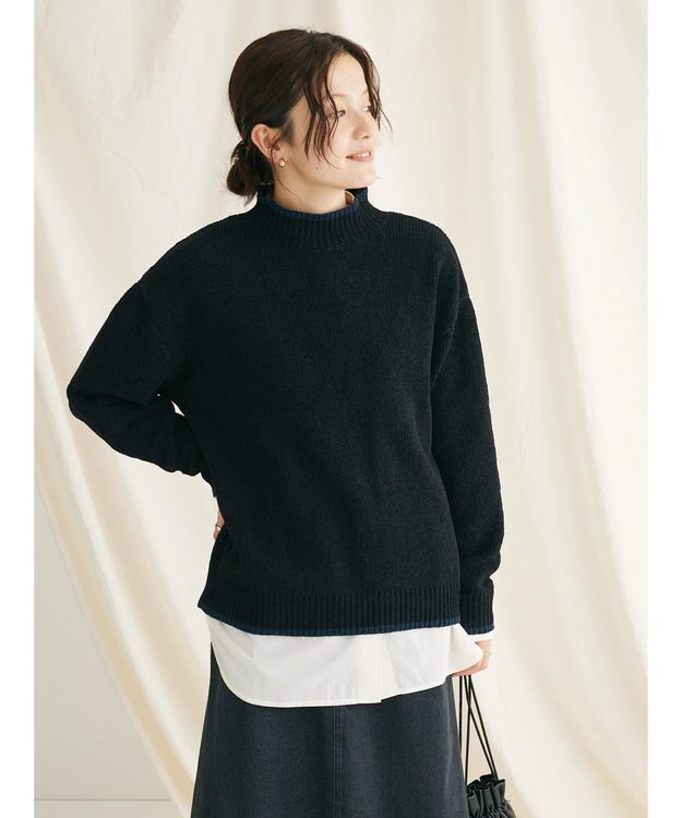 CRAFT STANDARD BOUTIQUE 洗えるモールニット配色プルオーバー Black