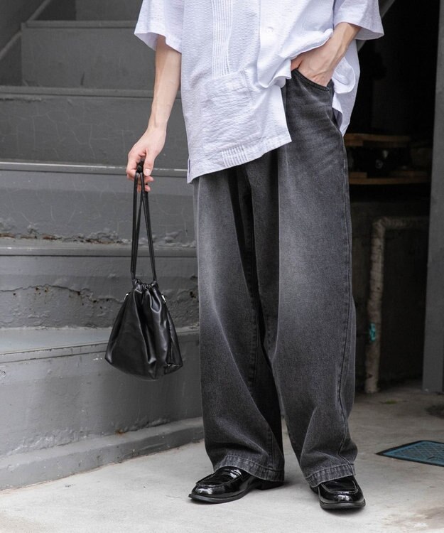 WEGO 【ユニセックス着用ITEM/ウエストゴム/SMLサイズ展開】デニムルーズテーパードパンツ ブラック