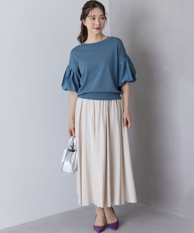 組曲 ストレッチクリアパフ袖 ニット チャコールブルー系