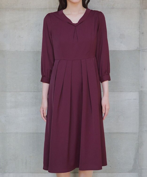 Tiaclasse 【洗える】ロールVネックワンピース ボルドー