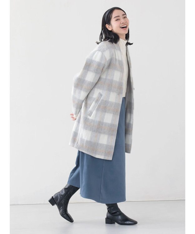 Green Parks コクーンシルエットチェックシャギーコート Gray