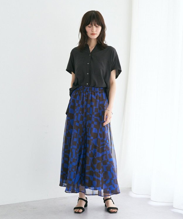 YECCA VECCA アート柄シアーロングスカート Brown