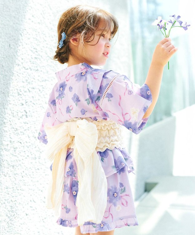 ANY KIDS 【洗濯機可能】簡単帯付き 甚平セット ラベンダー×花柄
