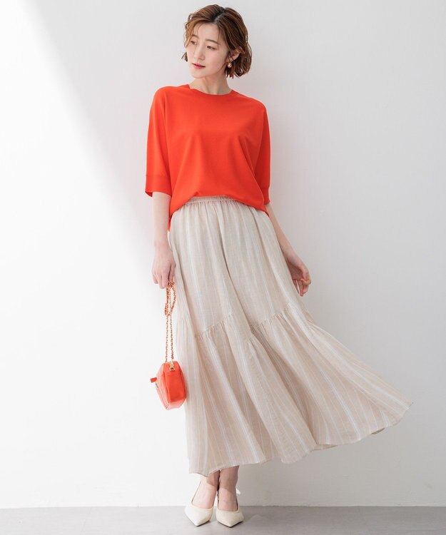 23区 【洗える】LIBECO ティアード スカート ベージュ×ホワイトストライプ