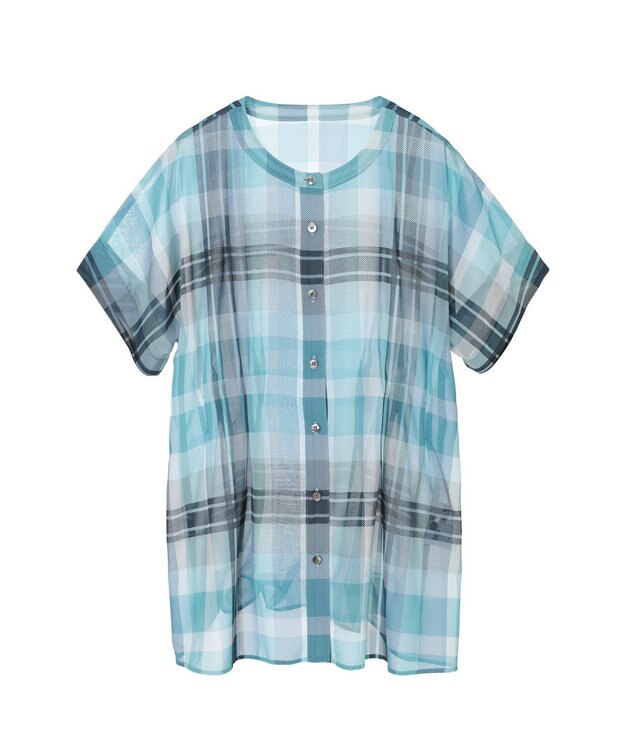 DAKS ビッグトランスチェックシフォンブラウス サックス