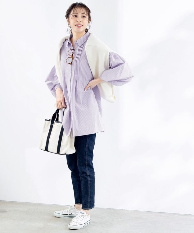 Tiaclasse 【洗える】パフ袖シャツチュニックブラウス ラベンダーストライプ