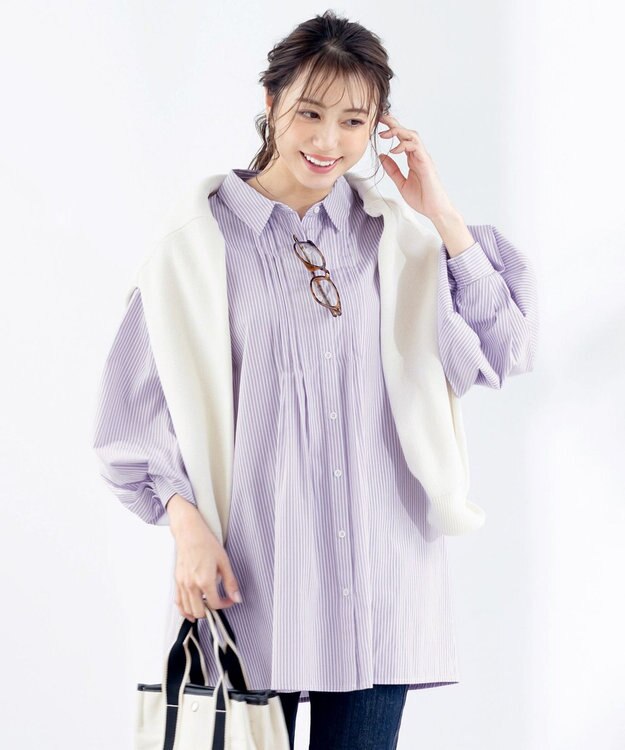 Tiaclasse 【洗える】パフ袖シャツチュニックブラウス ラベンダーストライプ